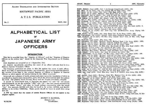 Alphabetical List of Japanese Army Officers
